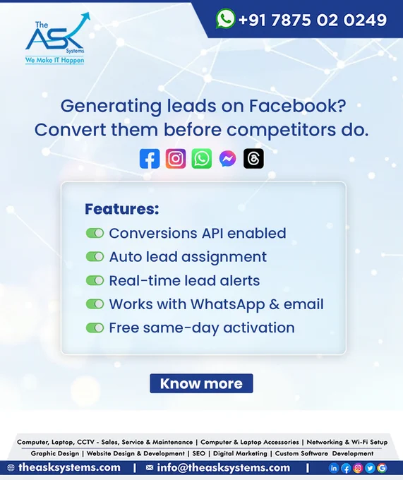 It is easy to create leads. It is following through before your competition does that really counts.

Even a slight delay in responding could mean your prospective customer is already talking to another person. That is why having an effective lead management system in place is what makes all the difference.

🔹 When you turn on Conversions API, you get improved tracking and better ad performance.
🔹 Auto lead assignment ensures that every lead reaches the correct team member immediately.
🔹 Real-time lead notifications ensure that your sales team is always up to date without any delay.
🔹 It integrates seamlessly with WhatsApp and email so that communication remains fast and easy.
🔹 And you get free same-day activation so that you can start right away.

Do not let your leads go to waste. Start responding faster, staying organized and turning more leads into actual customers.

Message us today to learn more.