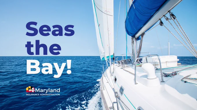A boat sailing in the water with the text "Seas the bay!".