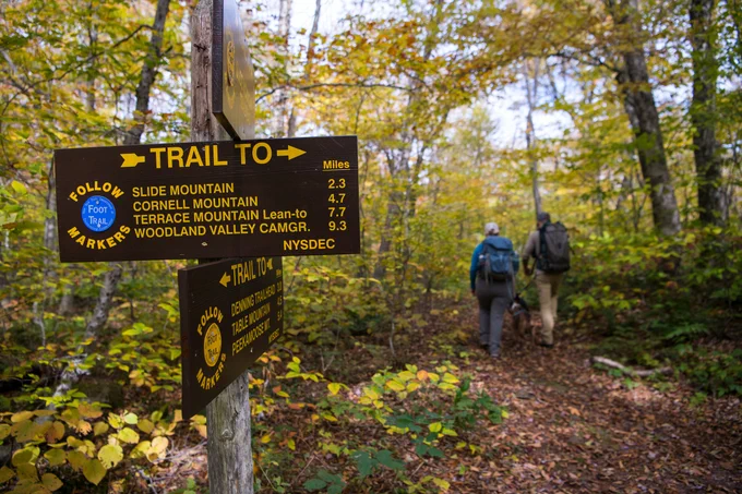 Trail signs along trails in Slide Mountain Wilderness Area, Ulster County, Catskill Region