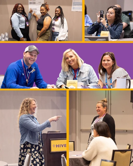 A collage of five photos from a HIVE conference. Top left: Three women smile and pose in front of a poster display. Top right: A woman holds up her phone to take a photo at a conference table with a "Join Our Community" sign visible. Middle: A man in a blue shirt and two women laugh and smile while seated at a table with a "Join Our Community" sign. Bottom left: A woman with curly hair laughs and points while standing at a HIVE-branded podium. Bottom right: Two women smile and chat at a round conference table.