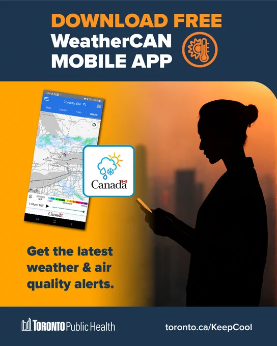 An orange/navy graphic with the silhouette of a person looking at a phone. Title reads, ‘Download free WeatherCAN mobile app’ with an icon of a sun & thermometer in a circle. Underneath an image of a map, text reads, ‘Get the latest weather & air quality alerts.’ The bottom banner is black with a wh