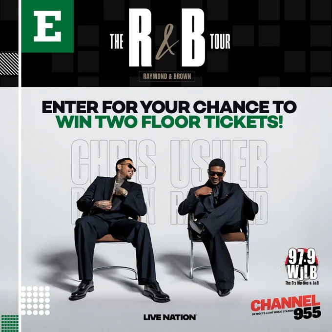 The image is a promotional poster for "The R&B Tour" featuring Chris Brown and Usher, sitting in chairs against a white background. The text reads "Enter for your chance to win two floor tickets!" Logos for 97.9 WJLB, Channel 955, and Live Nation are at the bottom.