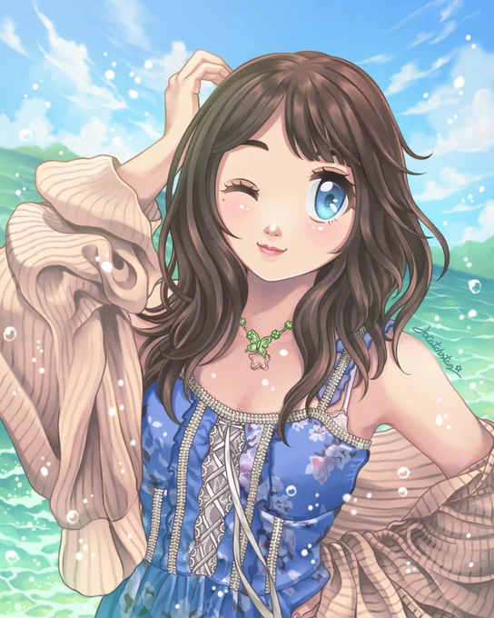 A young woman in a blue summer dress adorned with floral patterns is enjoying the gentle sea breeze of summer beneath a bright azure sky. art by Jocatchstar
