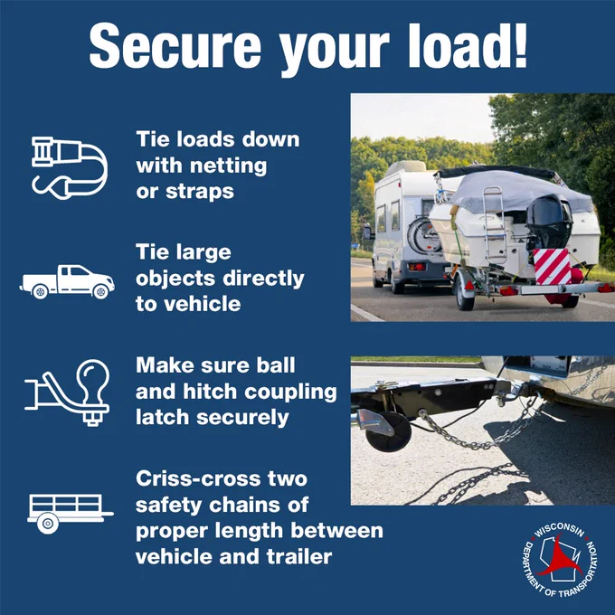 camper hauling boat on trailer and closeup of chains between vehicle and trailer with text: secure your load! Tie loads down with netting or straps, tie large objects directly to vehicle, make sure ball and hitch coupling latch securely, criss-cross two safety chains of proper length between vehicle and trailer