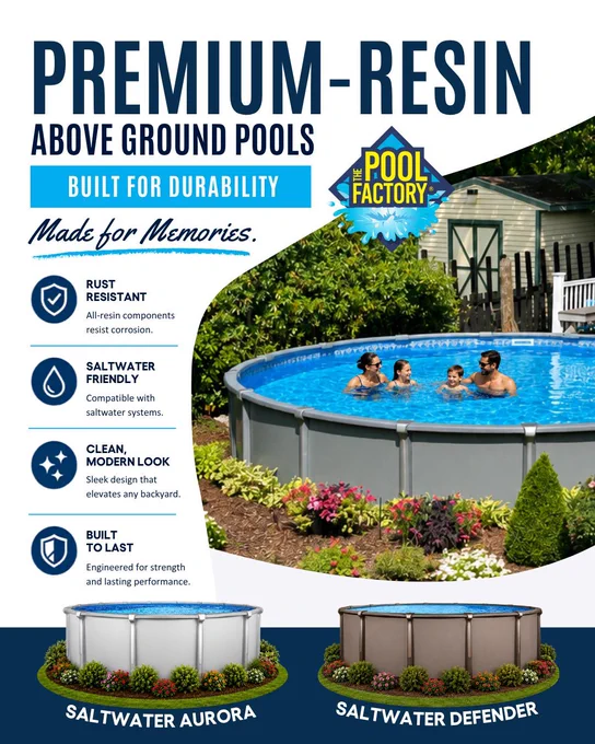 Graphic promoting premium resin above ground pools with product images, a landscaped backyard pool scene, and feature callouts including rust-resistant, saltwater-friendly, clean modern look, and built for durability.