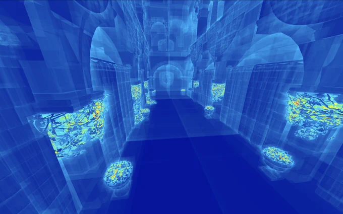 Software BVH based on NVIDIA's "Spatial Splits in Bounding Volume Hierarchies," visualized with a costing heatmap in Sponza.