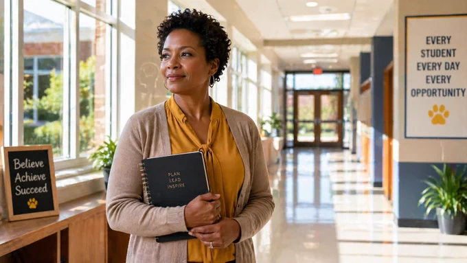 A teacher stands in the hallway of a school. Sunlight pours in through the windows. She has a book in her hand with the words "Plan. Lead. Inspire." on the cover.