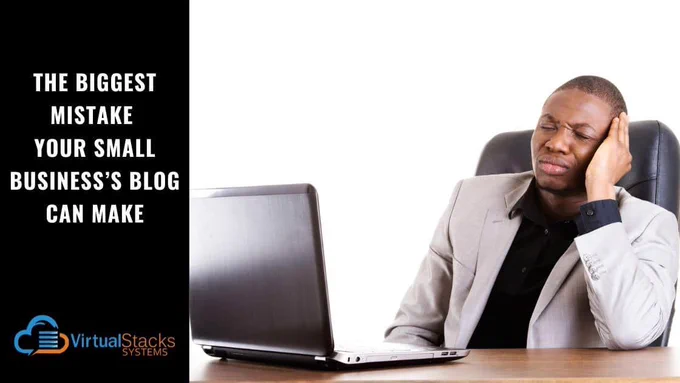 Photo illustration of Black businessman at desk looking at his laptop screen and frowning; Virtual Stacks Systems logo.