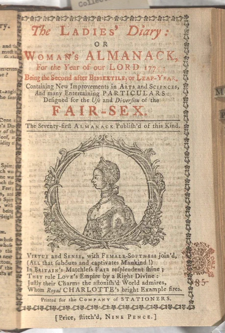 Selected pages in The Ladies’ Diary, or, Woman’s Almanack for the Year of Our Lord 1774. Call Number: Bond B17 1774. 