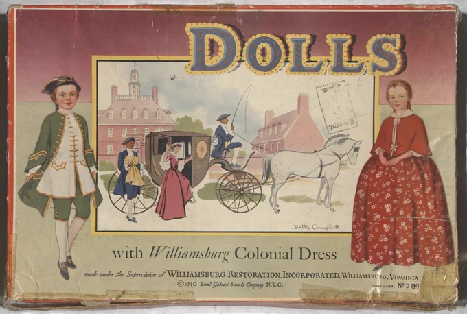 The box lid for Dolls with Williamsburg Colonial Dress, 1940. Call Number: H180.