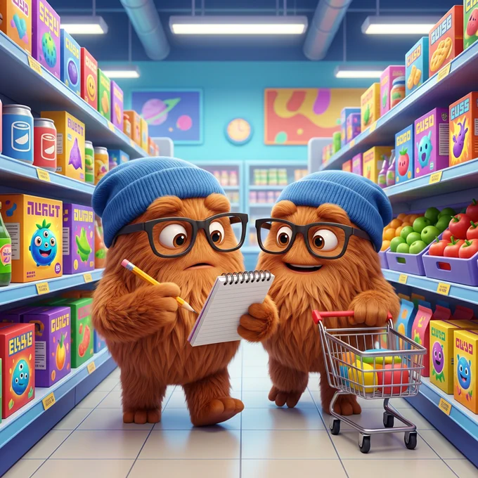Two aliens in blue beanies and glasses shopping in a grocery store with their shopping list.