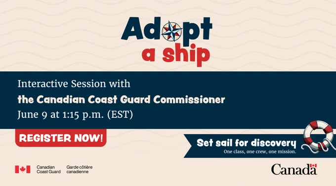 Promotional banner for an interactive session with the Canadian Coast Guard Commissioner on June 9 at 1:15 p.m. EST inviting viewers to register.