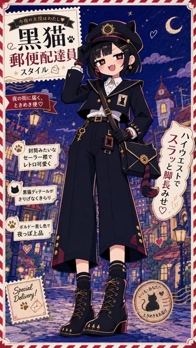 黒猫郵便配達員モチーフ。レトロな郵便配達員の制服に黒猫らしさを自然に融合し、上品で可愛く、少し夜の雰囲気があるデザイン。配色は黒とダークネイビーをベースに、深いボルドーを差し色、ゴールドをアクセント。                                            
                                            
上半身:第一ボタンまで閉めた白ブラウスの上からショート丈ジャケット。封筒のフラップのような大きめセーラー風の襟、縁に細いゴールドパイピング。前立ては小さめ金ボタン。胸ポケットは切手風の四角形で黒猫シルエット入り。ブラウスの襟と袖にゴールドの肉球型ワンポイント刺繍。ブラウスの袖はジャケットよりほんの少しだけ長くチラリとしか見えない。ジャケットの袖口に猫の爪を思わせる小さな三角ステッチ。クラシカルできちんと感のある可愛いシルエット。                                            
                                            
下半身:ハイウエストのワイドパンツ。スカートではなく明確に二本のパンツ。膝が隠れる〜膝下すぐのミドル丈、足首までは届かないクロップド丈。太めだが横に広がりすぎず、縦にすとんと落ちるストレート寄りのワイドシルエット。硬めの生地感、前面に軽いセンターライン、裾外側にボタン装飾、裾角にボルドー切替。                                        
                                            
細ベルトと金具はゴールド。左腰に切手ケース風ミニポーチ、右腰に小さな鍵チャーム、後ろ腰に封筒ホルダー風薄ポケット。斜め掛け郵便バッグは封筒型フラップで少し猫耳感、太めのしっぽ風リボン飾り付き。帽子は小さめ郵便帽ベースでさりげない猫耳感、帽章は封蝋印風または郵便モチーフの上品な金エンブレム。黒手袋、手首に小さな金ボタンとボルドー細ベルト、甲に封筒型ステッチ。足元はハイソックスとレースアップのショートブーツ。ブーツのつま先に猫の爪を思わせる小さな三角ステッチを4つ。
