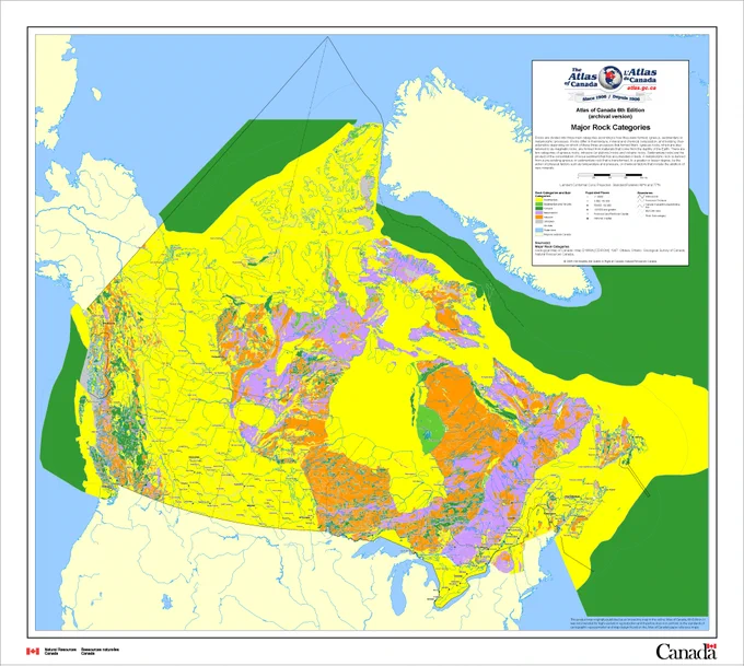 This figure shows the major rock types in Canada and their location (adapted from the National Atlas of Canada). Sedimentary rocks are shown in yellow. Orange (igneous) and purple (metamorphized igneous rocks) areas in Central and eastern Canada are the Canadian Shield. Volcanic (dark green), igneous and sedimentary rocks form a complex pattern in the western Cordillera. © Natural Resources Canada; used with permission and licensed under the Open Government Licence – Canada. https://open.canada.ca/en/open-government-licence-canada
