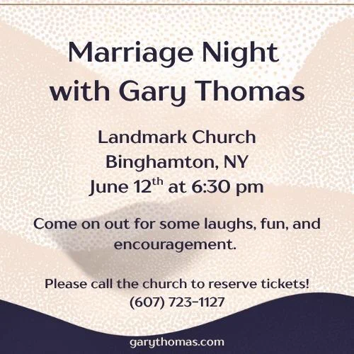 Marriage Night with Gary Thomas  at Landmark Church in Binghamton, NY, une 12th at 6:30 pm - 8:30 pm.


Come on out for some laughs, fun, and encouragement. 


Please call the church to reserve tickets!
(607) 723-1127 


Click for more information: https://buff.ly/0Gmy15c 


#garythomas #garythomasbooks #authorgarythomas #makingyourmarriageafortress #marriage #landmarkchurch
