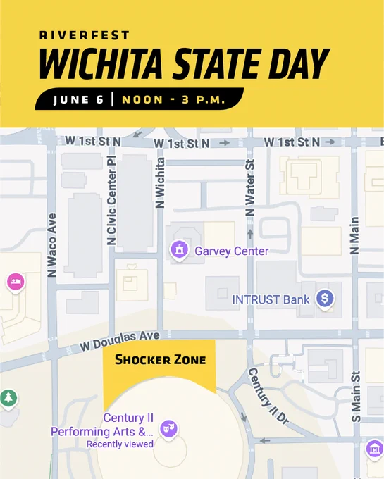 Map of a downtown area for Riverfest Wichita State Day.
