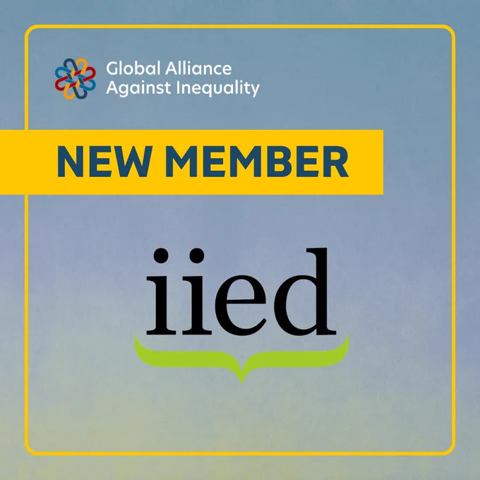 Global Alliance Against Inequality welcomes IIED as a new member, displayed with logos and bold text on a gradient blue background.