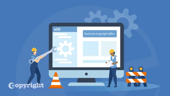 Two cartoon figures in overalls and yellow construction hat stand in front of a large computer screen. One is holding an oversized wrench. An orange and white striped construction cone and blockade sit in the foreground. The Copyright Office logo is in the bottom left corner of the screen.