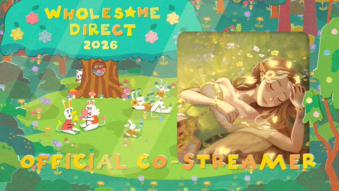 a green forest background for the wholesome direct 2025, official co streamer
on the right hand side is art of chloe's vtuber lying in a flower field