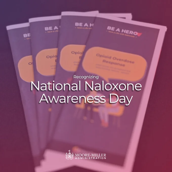"Recognizing National Naloxone Awareness Day" with pink and purple gradient over photo of Be A Hero pamphlet