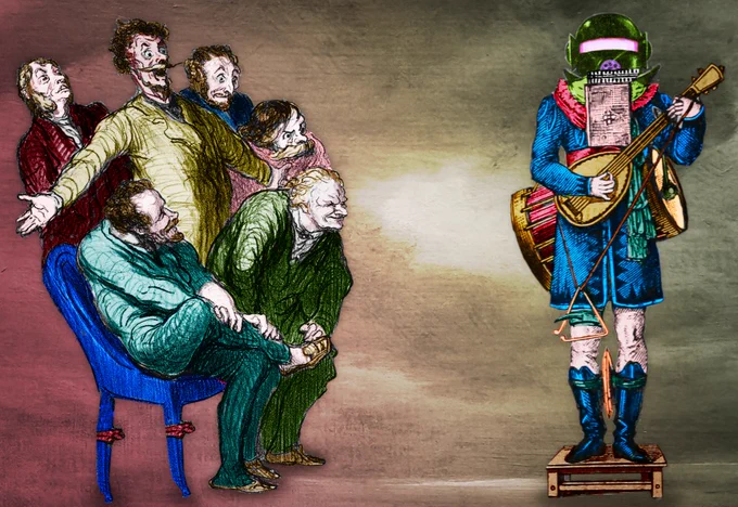 A medieval one-man band standing on a crate; his head has been replaced with the head of a killer robot. Observing him are a cluster of critics, who are variously gesticulating wildly, peering disapprovingly, looking on in amusement, etc. The background is a phantasmagoric cloudscape.