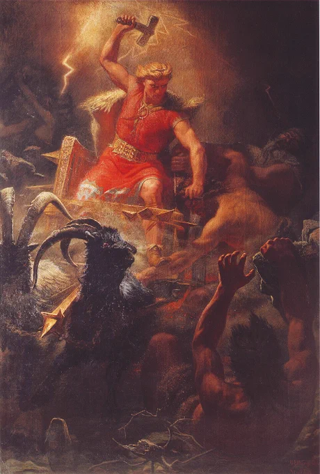 Pertempuran Thor Melawan Jötnar (1872) oleh Mårten Eskil Winge.

Source: https://www.wikipedia.org