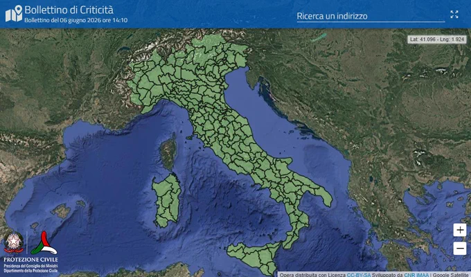 Immagine mappa bollettino di criticità meteo-idro, previsionale del 6 giugno: domenica 7 giugno la mappa è VERDE (non previsti fenomeni e scenari significativi ai fini di protezione civile sul territorio)
