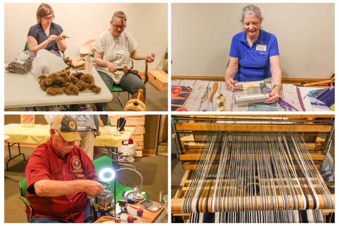 Collage of four photographs showing traditional craft demonstrations at Homestead National Historical Park. In the upper left, two demonstrators process wool and spin yarn using traditional spinning equipment. In the upper right, a demonstrator uses a small weaving loom to create colorful textiles. In the lower left, a demonstrator operates a circular sock-knitting machine. In the lower right, threads are stretched across a large floor loom prepared for weaving.