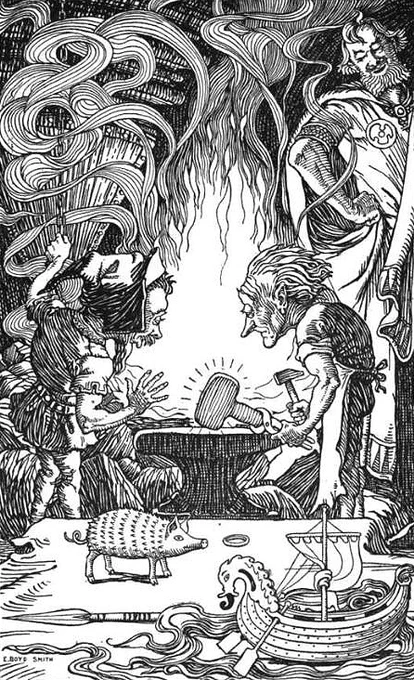 Hadiah ketiga — sebuah palu raksasa" karya Elmer Boyd Smith.

Source: https://www.wikipedia.org