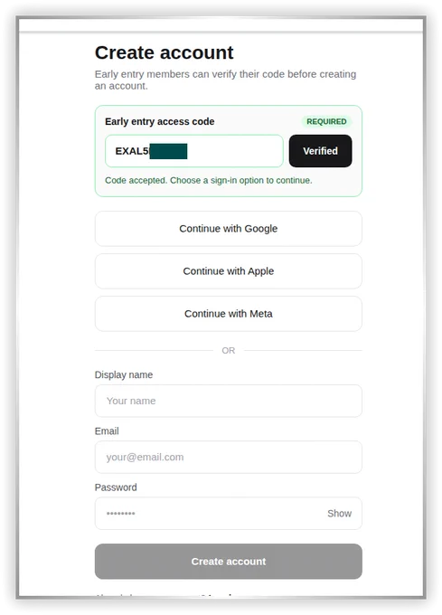 A signup form with early access codes needed to sign up. Pic shows the code is working.