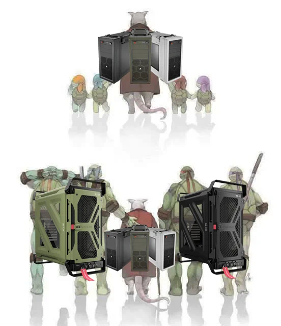 An image of Splinter from TMNT, with 4 young turtles and Splitter with the turtles all grown up.  Juxtaposed over them are the original C70 case from CORSAIR and the newest release, the WARTHOG. 