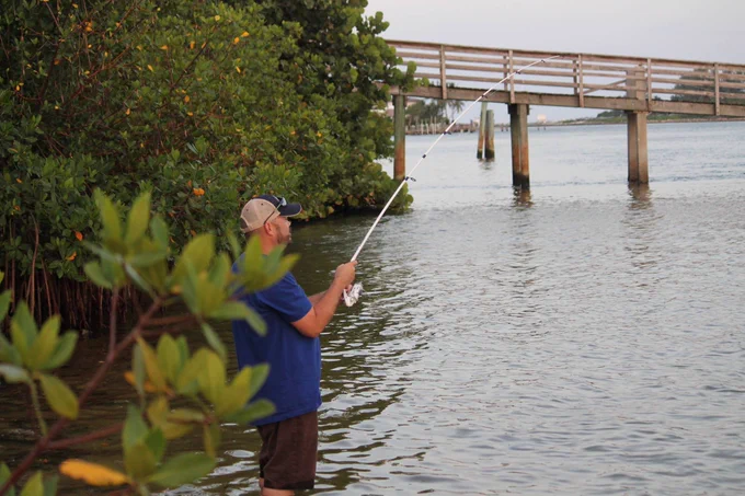 Man wearing a blue shirt and cap fishing near a wooden pier surrounded by green foliage over calm water.