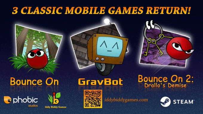 advertisement for Bounce On with Bounce, the red ball, in a forest, GravBot featuring a smiling robot, and Bounce On 2 showing Bounce holding keys 