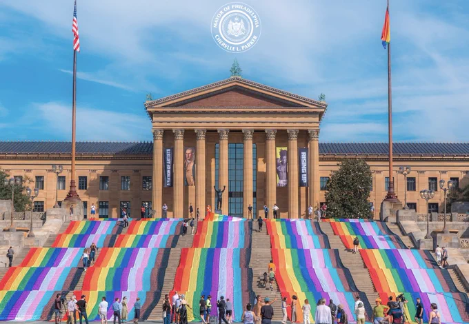 Pride flags on the Art Museum steps in Philadelphia.