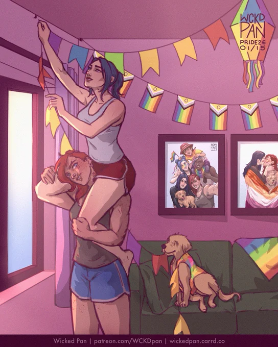 A digital fanart of Caitlyn and Vi from Arcane. Vi is wearing blue shorts and a black tank top. She's standing in front of a window while caring Caitlyn on her shoulders, she's smiling, looking up at Caitlyn's face. Caitlyn is wearing red shorts and a white tank. She's putting a string full of little, colorful São João flags. Their dog, Goose, is on the couch, holding the flags, helping them decorate the house. Goose is wearing a colorful checkered vest and is sat, looking at them with her only eye, looking very cute. A few photos of them together are framed on the wall of their house.