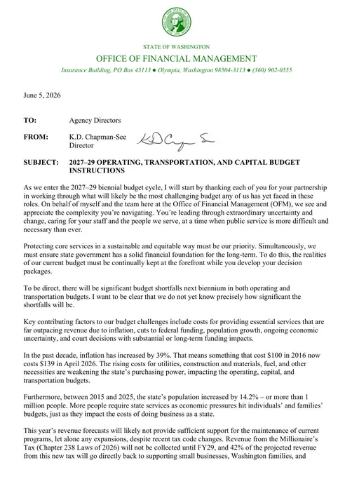 First page of a letter from the Office of Financial Management outlining budget challenges.