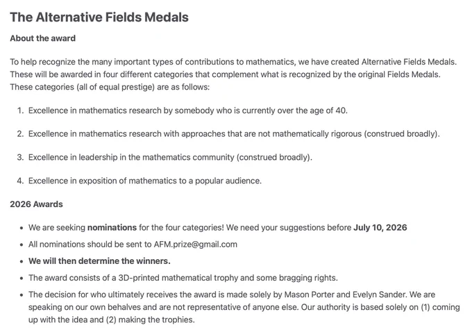 The four categories for the 2026 Alternative Fields Medals