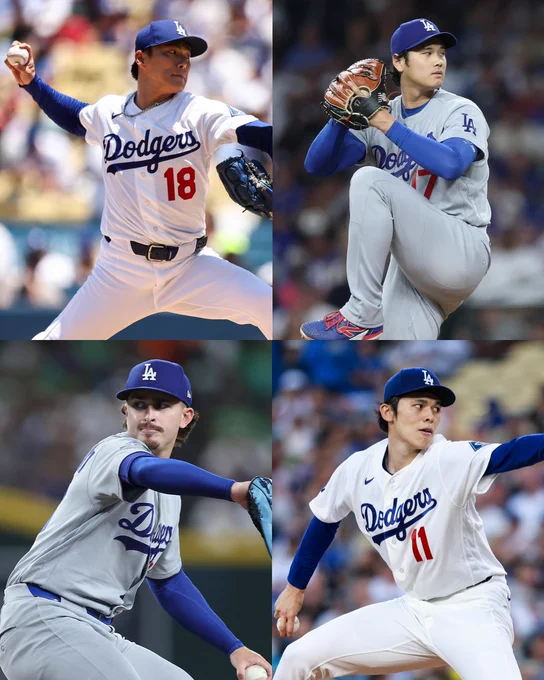 A 4-photo collage of Yoshinobu Yamamoto, Shohei Ohtani, Justin Wrobleski, and Roki Sasaki in their pitching motions.
Yamamoto and Sasaki wear white Dodgers uniforms and blue caps. Ohtani and Wrobleski wear gray Dodgers uniforms and blue caps.