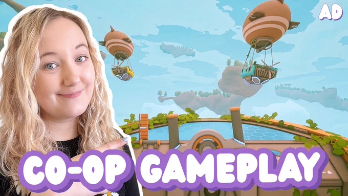 YouTube thumbnail showing a woman with curly blonde hair pointing at a screenshot of Solarpunk. The screenshot depicts someone flying an airship in first-person mode following behind two other flying airships.