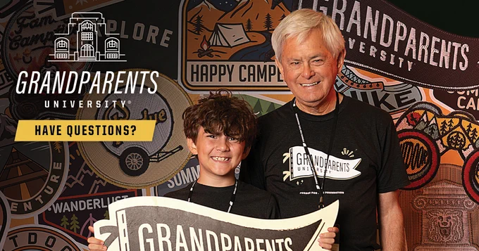 Grandparent and child pose with a Grandparents University banner. Text on images says, “Have questions?”