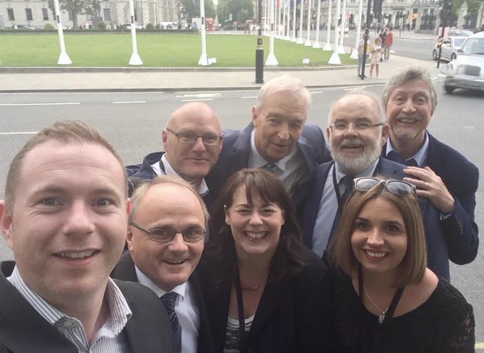 Channel 4 New’s Anchor and Journalist, Jon Snow pictured with the seven Sinn Féin MP’s in London in 2017.