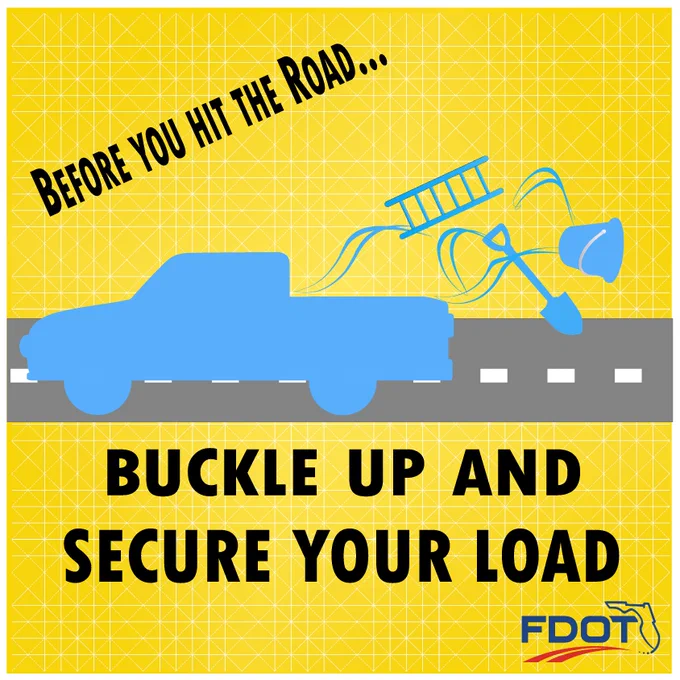 Blue, yellow, and grey graphic showing a blue pickup truck with an unsecure load falling onto the road. 
