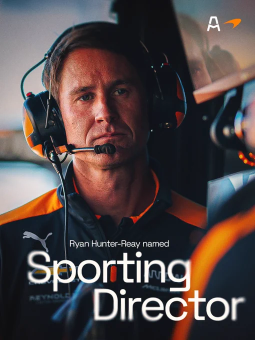 Text says Ryan Hunter-Reay named Sporting Director. There is a photo of Ryan Hunter-Reay on the stand.