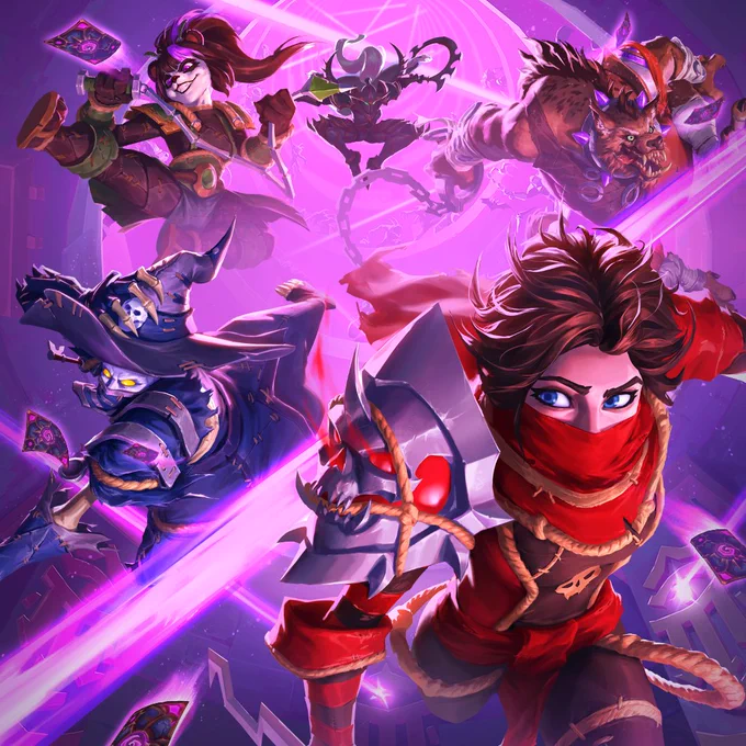 Hearthstone artwork featuring Aya Blackpaw, Hogger, Godfrey, and Vanessa VanCleef in a chaotic purple-lit scene, trying to escape with Maiev Shadowsong chasing them.