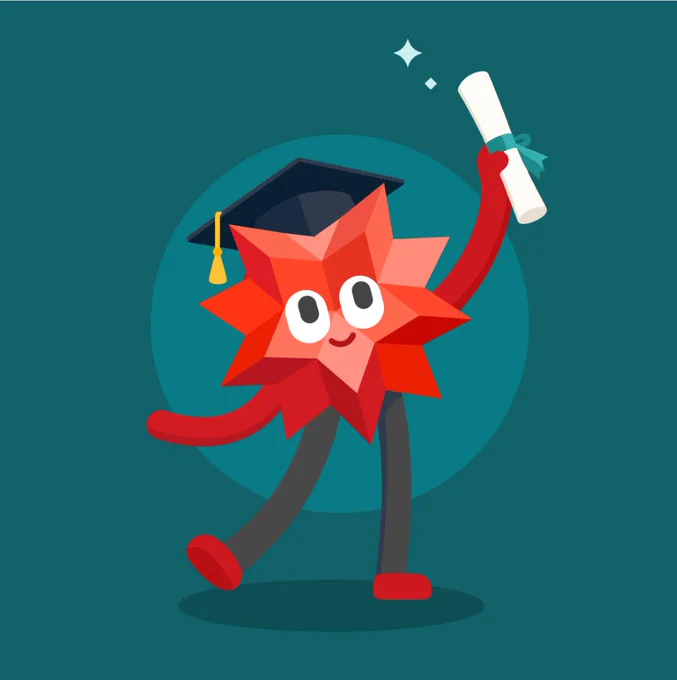 Wolfram logo Spikey holding a grad. diploma and wearing a mortarboard.