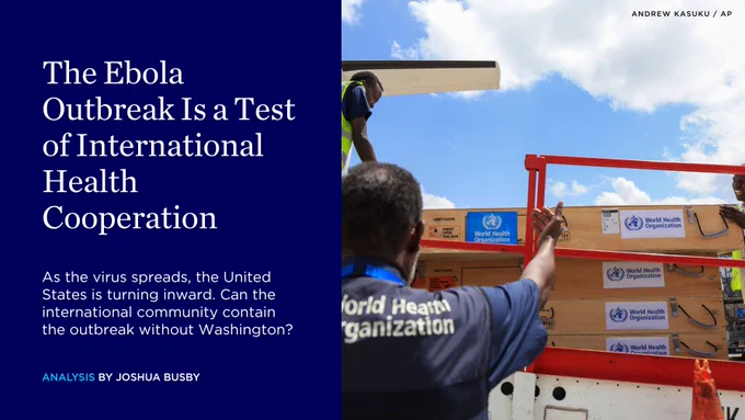 a photo of World Health Organization workers and supplies next to a title card