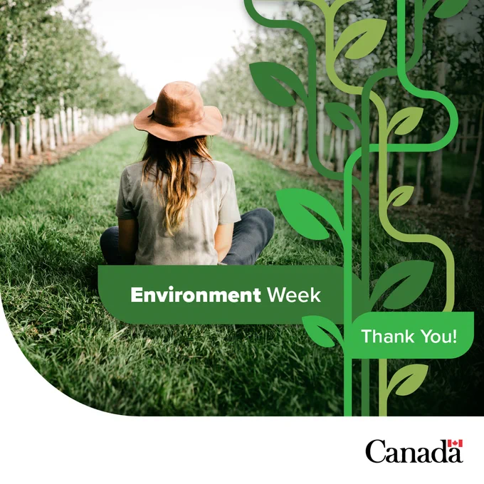 A person with long hair wearing a hat sits on grass in an orchard, surrounded by trees. The text overlay reads “Environment Week” and “Thank You!” with green leaf designs.
