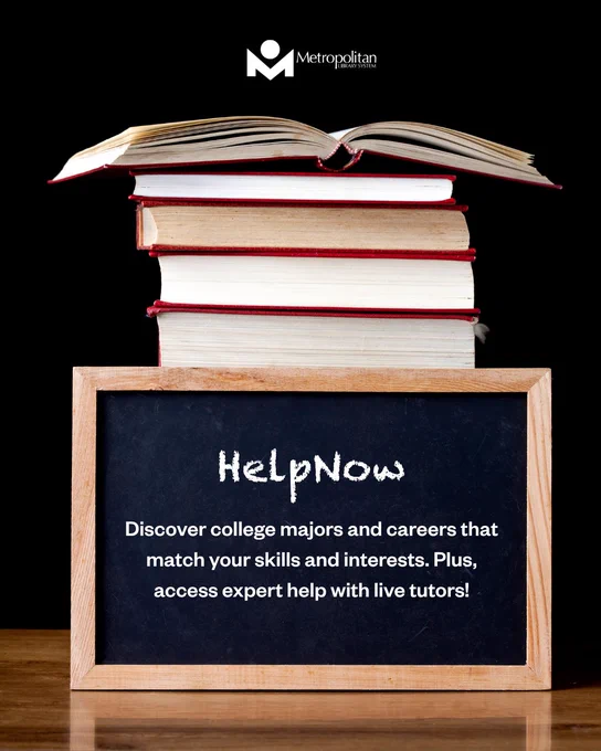 Stack of books with an open book on top behind a chalkboard promoting HelpNow for college major and career guidance with live tutor support.