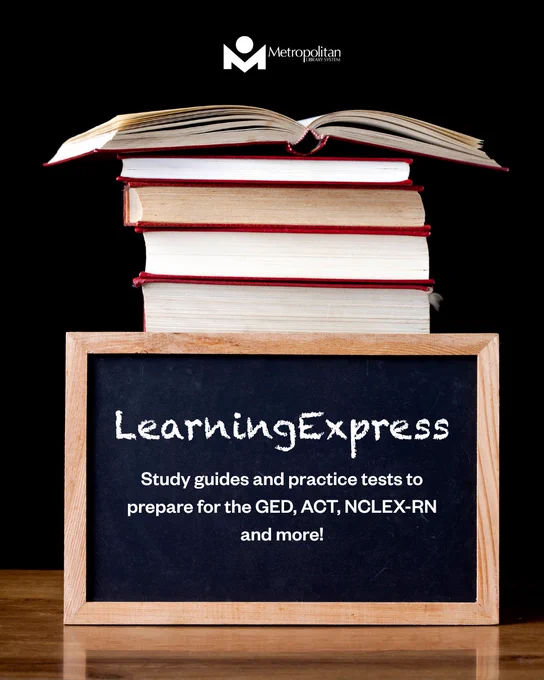 Stack of books with an open book on top behind a chalkboard promoting LearningExpress study guides and practice tests for ACT, NCLEX-RN, and more.