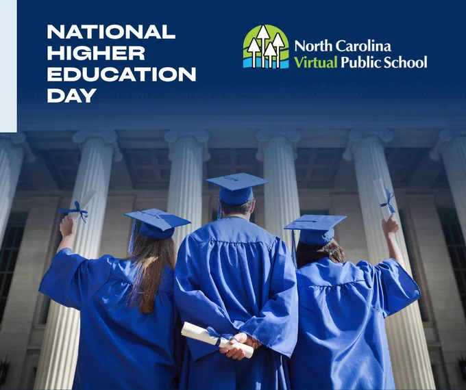 Three graduates in blue caps and gowns celebrating National Higher Education Day in front of a stately building with white columns.
